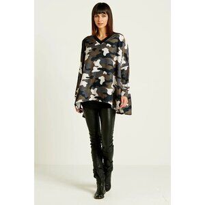 Planet By Lauren G Camouflage V-Neck Silk Tunic Top One Size Brown Grey Gorpcore